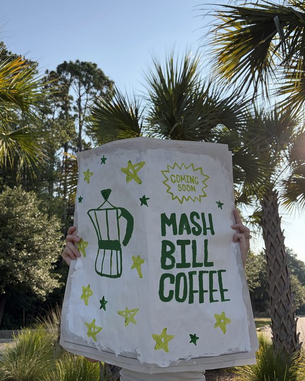 Hand-painted Mash Bill Coffee coming soon sign